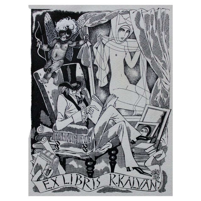 Gunars Vindedzis, Ex Libris, 1982, Gouache & Ink on Paper For Sale