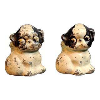 Pair Antique Hubley Cast Iron Puppo Dog Figurine Paperweights Bee on Hip Grace Drayton For Sale