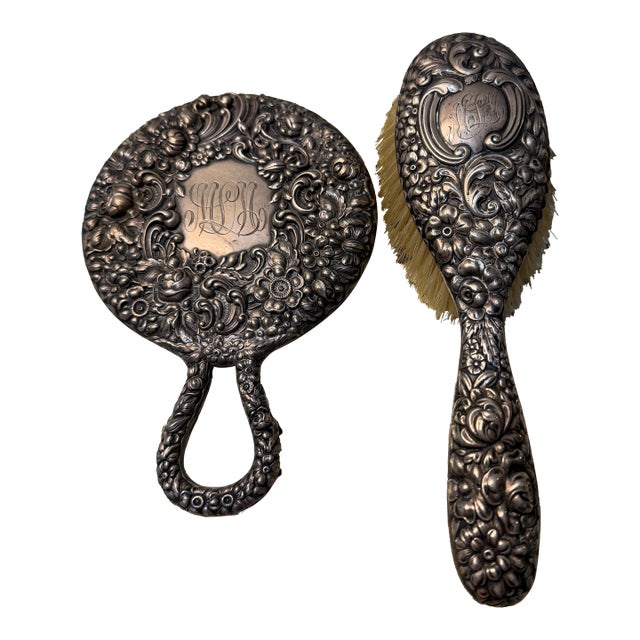 19th Century w.i. Broadway and Co. Sterling Silver Repousee Hand Mirror and Hairbrush Set For Sale