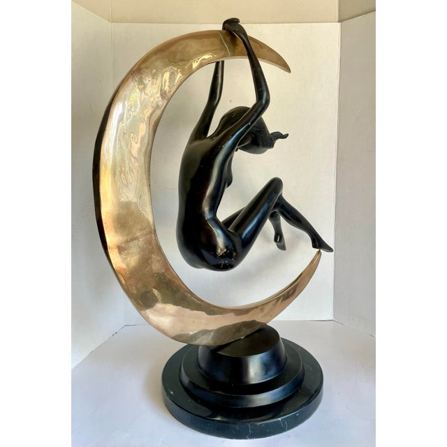 Art Deco Art Deco Bronze Nude Figure Suspended in Brass Crescent Moon Sculpture on Marble Base For Sale - Image 3 of 12