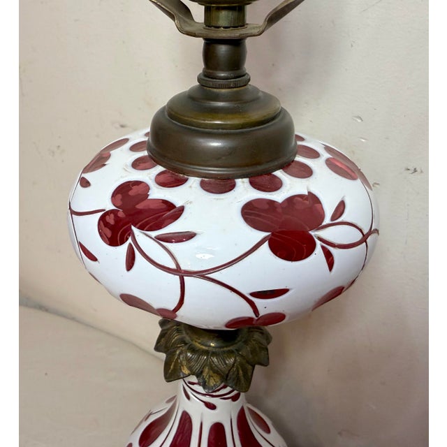 Antique 1800's Cut to Clear Cranberry Glass Stourbridge Bronze Oil Table Lamp For Sale - Image 13 of 14