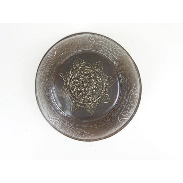 Early 20th Century Small Antique Middle East Arabic Calligraphy Silver Inlay Copper Bowl For Sale - Image 5 of 6