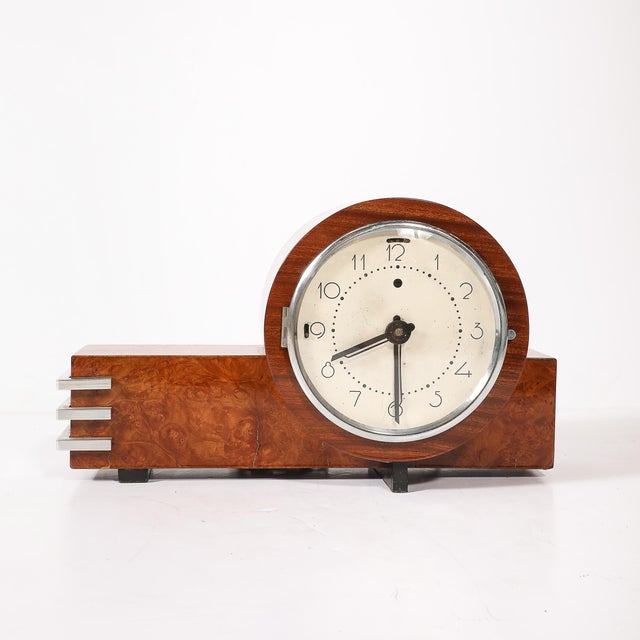 Art Deco Machine Age Burled Walnut With Aluminum Banded Detail Electric Clock For Sale - Image 4 of 12