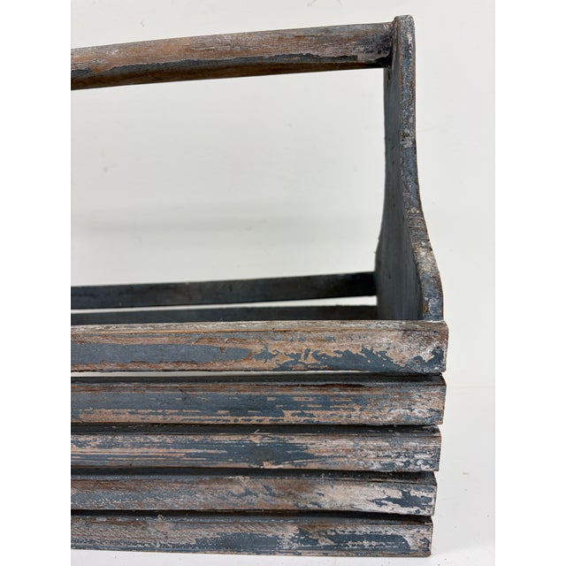 Vintage Rustic Wooden Slatted Tool Caddy With Handle – Distressed Blue Gray For Sale - Image 4 of 13