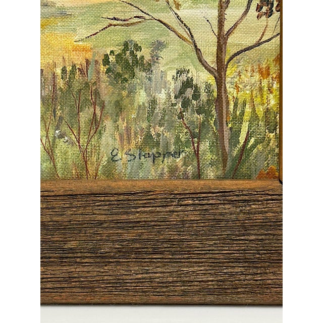 Wood New England Village in the Fall, Autumn Scene. Framed Vintage Original Oil on Board Painting For Sale - Image 7 of 9