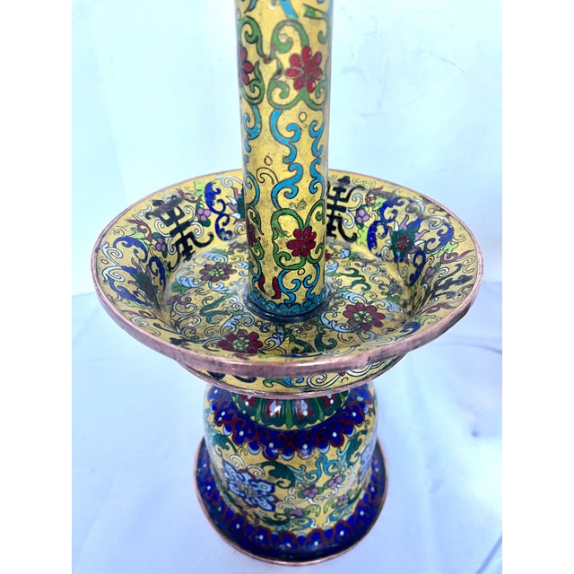 19th Century Chinese Imperial Yellow Cloisonné Enamel Pricket Candle Holders - A Pair For Sale - Image 13 of 18