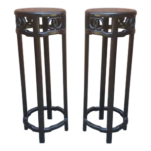 Pair of Asian Ebonized Wood Pedestals Plant Stands