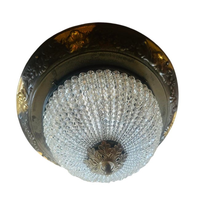 Fabulous embossed flushmount fixture with Czech made beaded basket. Fabulous acanthus finial to fish this piece. *** 2...