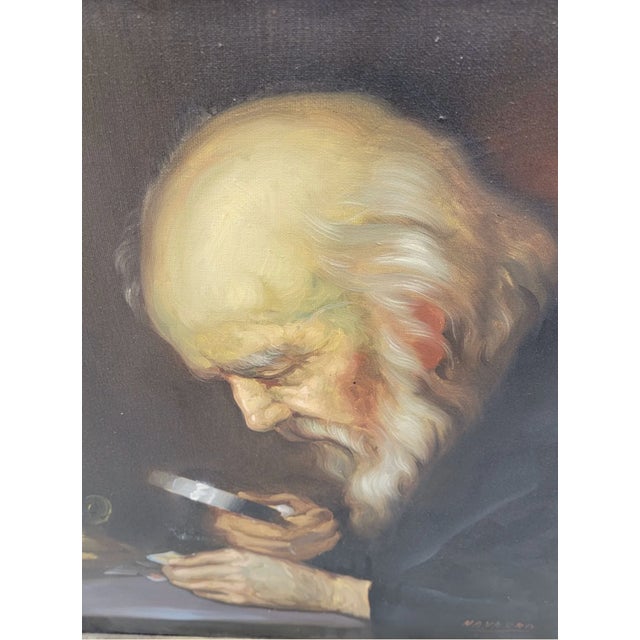 Realism Antique Painting in Style of ”The Collector”, Signed by Navarro For Sale - Image 3 of 8
