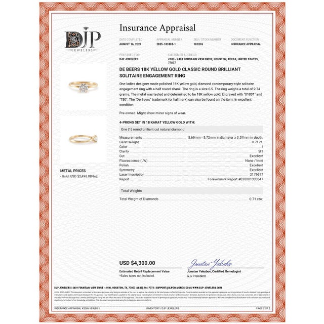 De Beers 18k Yellow Gold Classic Round Brilliant Solitaire Engagement Ring Size 6.5 For Sale - Image 9 of 11