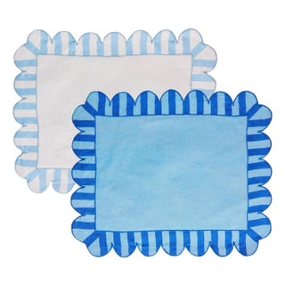Jardin Embroidered Linen Scalloped Stripe Placemats with Color Backing in Blue, Set of 4 For Sale