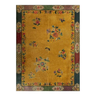 1920s Yellow Florid Antique Chinese Art Deco Carpet 7'2" X 9'10" Handknotted Rug For Sale