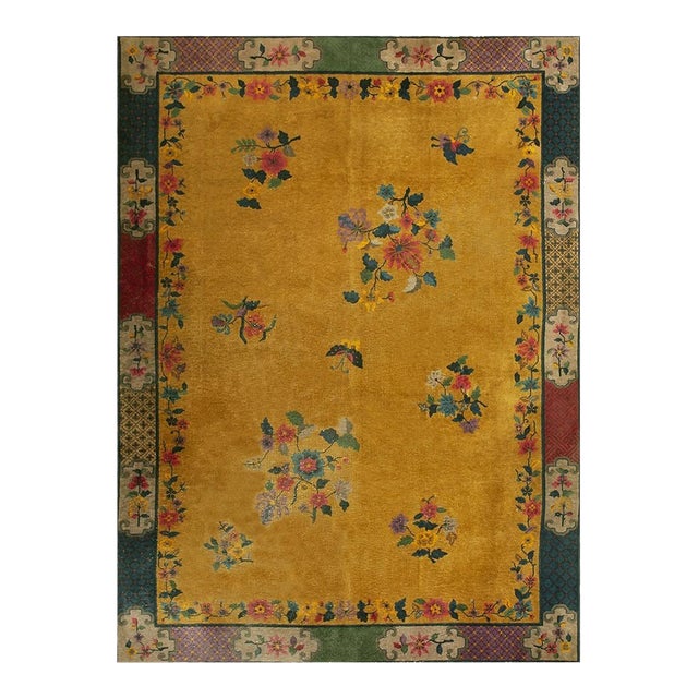 1920s Yellow Florid Antique Chinese Art Deco Carpet 7'2" X 9'10" Handknotted Rug For Sale