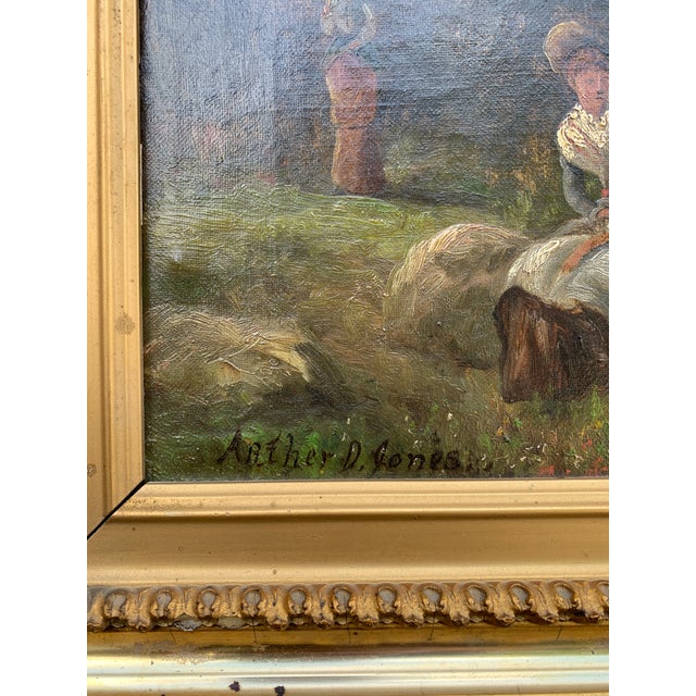 Antique Hand Painted Framed Oil on Canvas Ladies in a Landscape Painting For Sale - Image 9 of 16