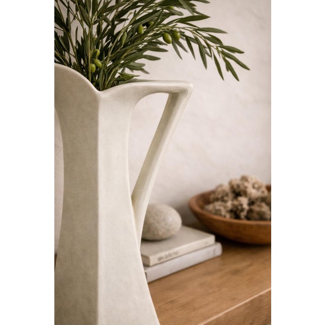Vintage Mid-Century Modern Sculptural Ceramic Ewer Vase With Square Base – Ivory Matte Finish For Sale - Image 10 of 10