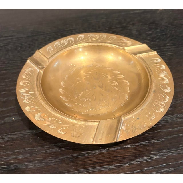 Mid-Century Modern Pair of Vintage Etched Solid Brass Ashtrays From India, 6.25” Dia. For Sale - Image 3 of 8
