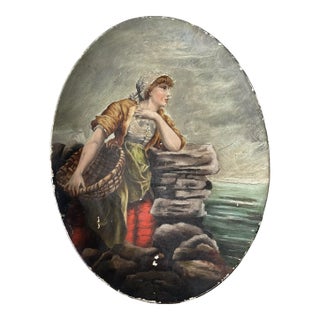 Antique Handpainted Hanging Plate - Woman With Basket For Sale