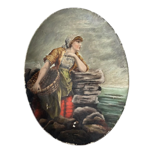 Antique Handpainted Hanging Plate - Woman With Basket