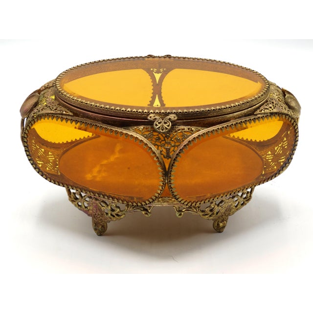 French Beveled Amber Glass Jewelry Casket Dresser Box Chairish