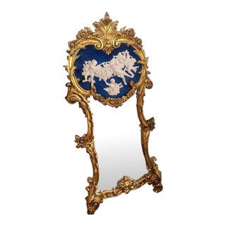 Rococo Blue Wall Mirror – Ornate Gold Leaf French Frame, 61"h Luxury Statement Mirror For Sale