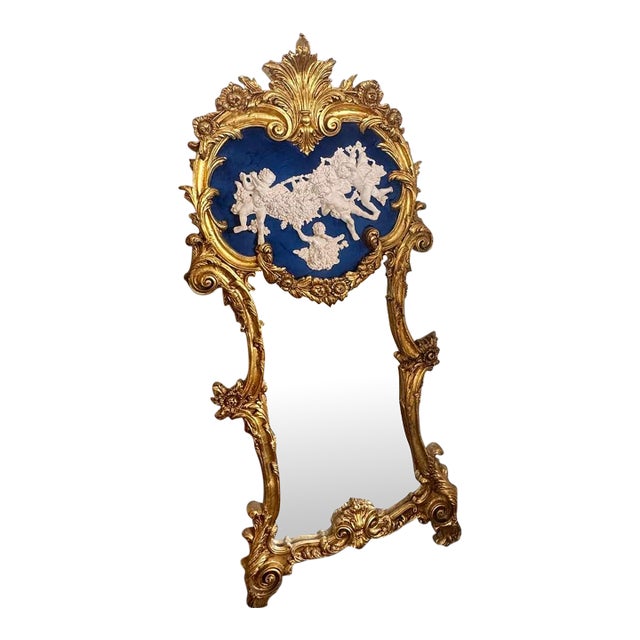 Rococo Blue Wall Mirror – Ornate Gold Leaf French Frame, 61"h Luxury Statement Mirror For Sale