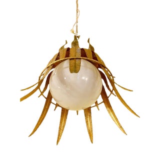 Large Crown Spanish Gilt Gold Crown with Opaline Glass Pendant, 1950 For Sale