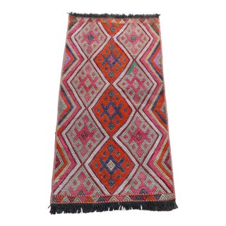 1980s Rustic Turkish Hand Knotted Ikat Colorful Kilim Rug For Sale