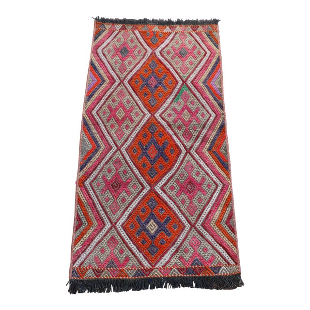 1980s Rustic Turkish Hand Knotted Ikat Colorful Kilim Rug For Sale