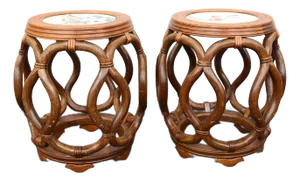 Late 20th Century Pair of Bentwood Drum Stools With Inset Porcelain Top