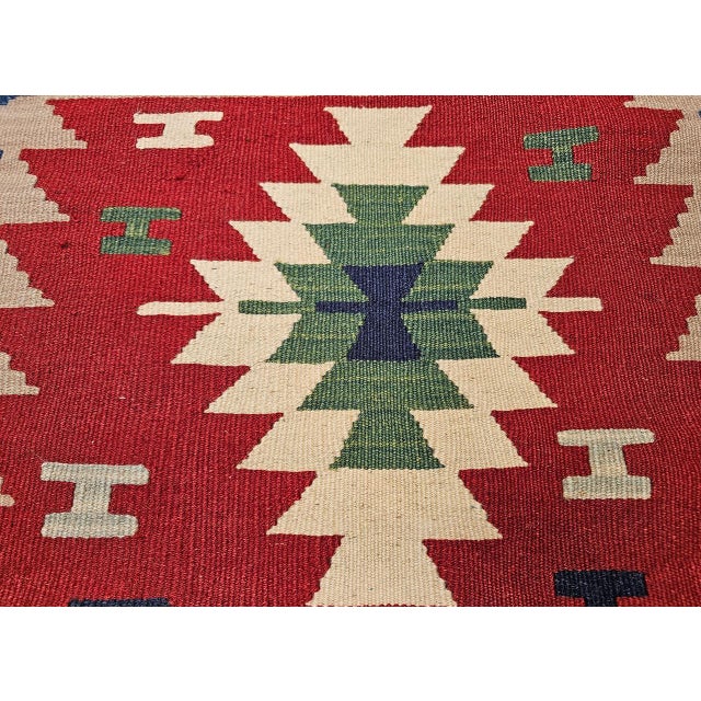 Textile Vintage Turkish Kilim Area Rug, Handwoven Wool, Geometric Pattern, Red & Ivory, 2x3 For Sale - Image 7 of 11