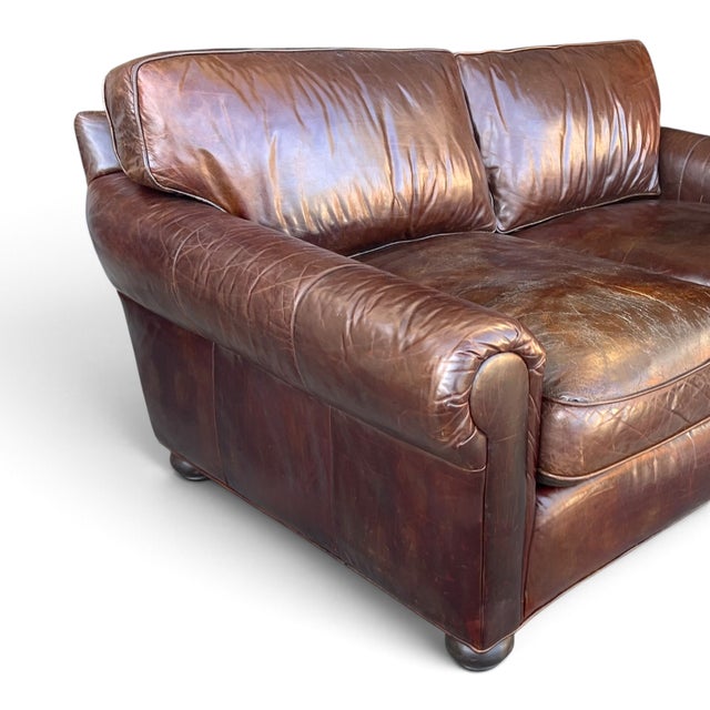 Contemporary Restoration Hardware Brown Leather Two-Cushion Sofa With Rolled Arms and Bun Feet For Sale - Image 3 of 14