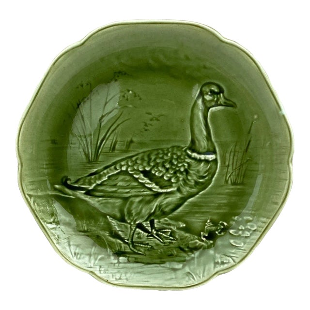 19th Century Green Majolica Mallard Duck Plate Choisy Le Roi For Sale