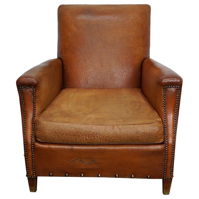 Vintage French Cognac-Colored Leather Club Chair, 1940s For Sale - Image 15 of 15