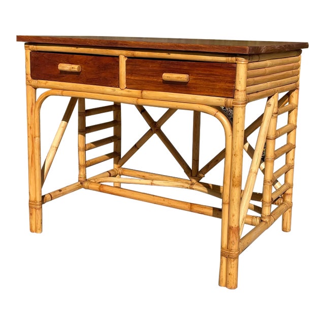 Vintage Stacked Rattan & Mahogany Desk For Sale