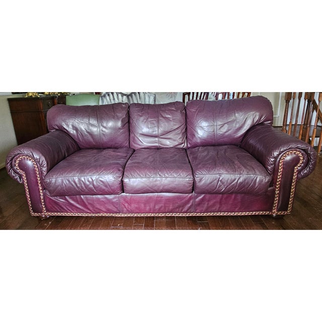 Burgundy Late 20th Century Robinson & Robinson Classic Worn Top Grain Leather Three Seat Sofa For Sale - Image 8 of 9