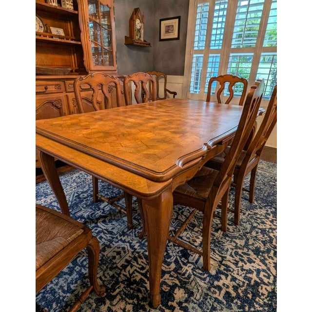 Wood French Provincial Style Draw Leaf Dining Table With Oak Parquet Top With 6 Chairs For Sale - Image 7 of 8