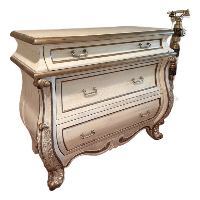 Vintage French Provincial Bombe Dresser in Antiqued Ivory Finish For Sale