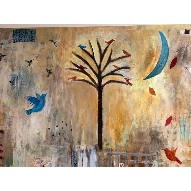 Yellow Spruce Series Hummingbirds" by Pamela Smilow. Warm and Joyful XLarge Painting Full of Birds and Whimsy For Sale - Image 4 of 4