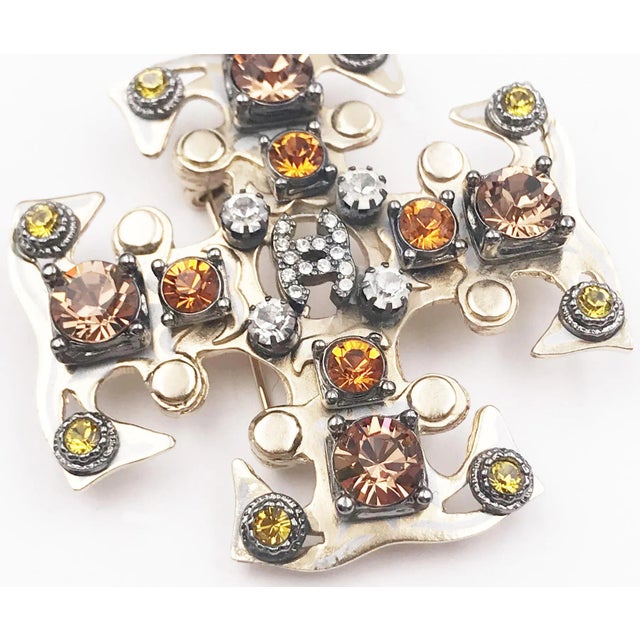 Chanel Chanel Gold CC Peach Orange Mustard Crystal Gothic Cross Brooch Pendant For Sale - Image 4 of 6