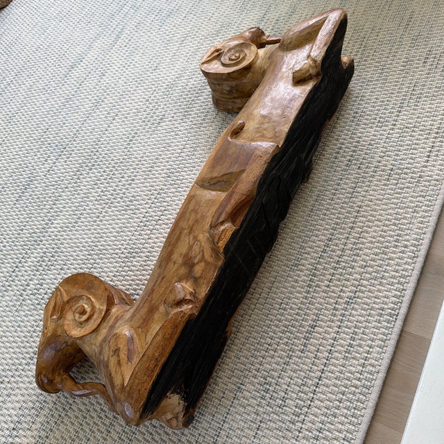 Vintage Hand Carved Wooden Double Headed Ram Sculpture For Sale - Image 10 of 10