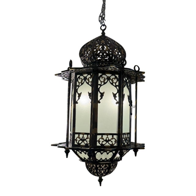Vintage Moorish Octagonal Metal + Glass Lantern For Sale