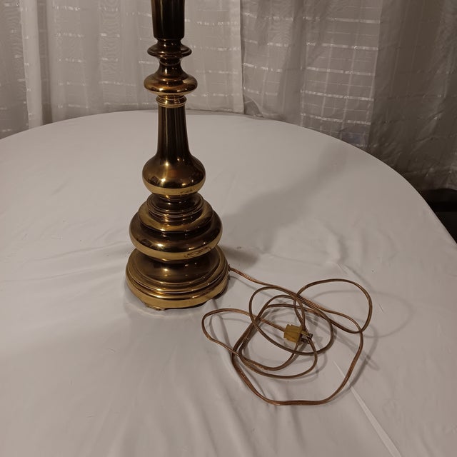Metal Vintage Tall Two-Tone Solid Brass and Bronze Tone French Candlestick Style Neoclassical Table Lamp With Original Shade For Sale - Image 7 of 12
