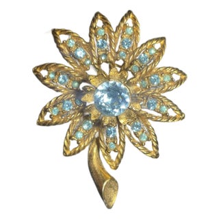 MCM Jewelry by Hattie Carnegie Rare Trembler Crystal Aqua Flower Brooch Signed For Sale