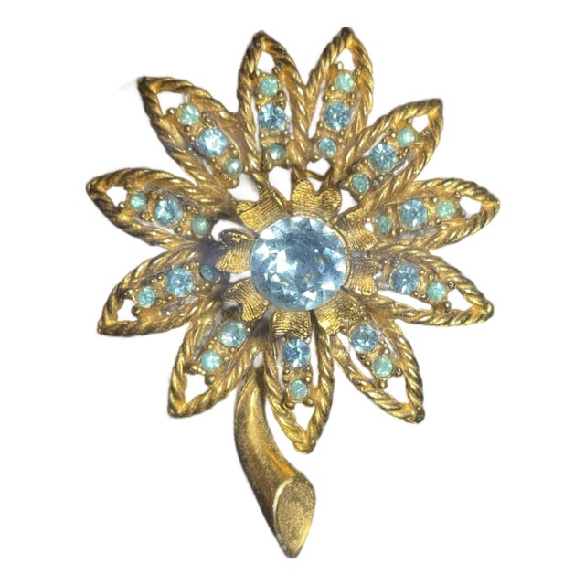 MCM Jewelry by Hattie Carnegie Rare Trembler Crystal Aqua Flower Brooch Signed For Sale