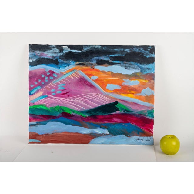 "When The Sun Goes Down," a contemporary abstracted mountain landscape rendered in acrylic on canvas. Signed “Laura Davis”...