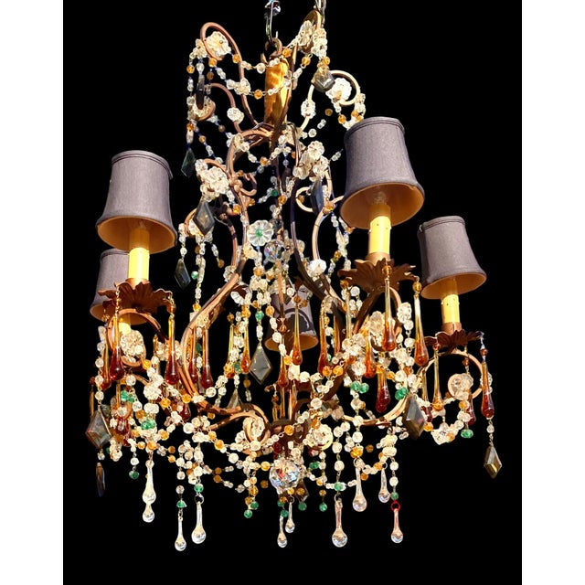Antique Italian Iron and Colored Crystal Chandelier With Crystal Beading For Sale - Image 9 of 18