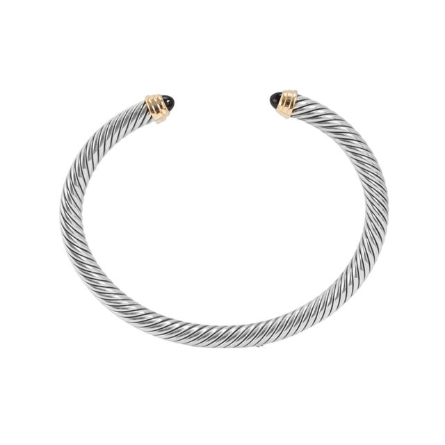 David Yurman Classic Cable 5mm Silver 14k Yellow Gold Onyx Cuff Bangle Bracelet For Sale In Houston - Image 6 of 8