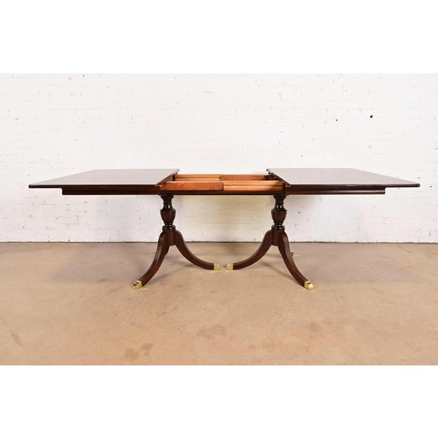 1940s Baker Furniture Style Georgian Mahogany Double Pedestal Extension Dining Table, Newly Refinished For Sale - Image 5 of 12