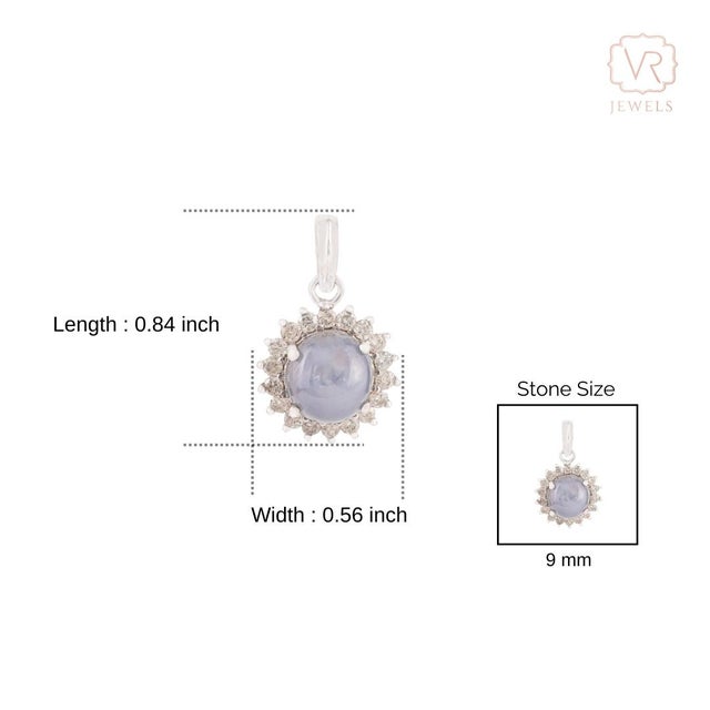 Cerulean 4.65ct Star Sapphire Cabochon & Diamond Sunburst Halo Pendant in 14k White Gold For Sale - Image 8 of 11