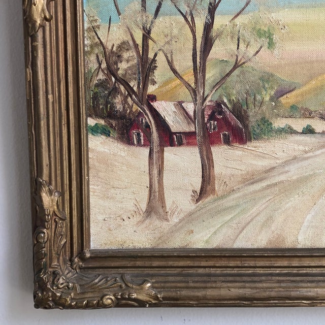 Wood Mid-20th Century Winter Farmhouse Landscape, Oil on Board -- Framed For Sale - Image 7 of 12